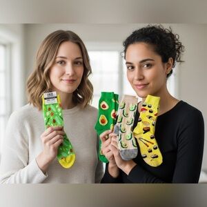 4 Bundke/Lot Pairs Green Yellow Avocado Sushi Leaves Women’s Socks Used & NWT